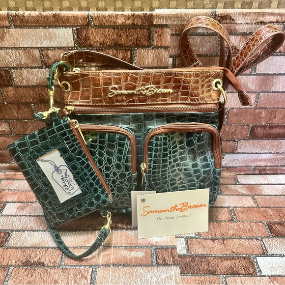 Samantha Brown Green and Brown Crocodile Embossed Bag Crossbody - Picture 2 of 11